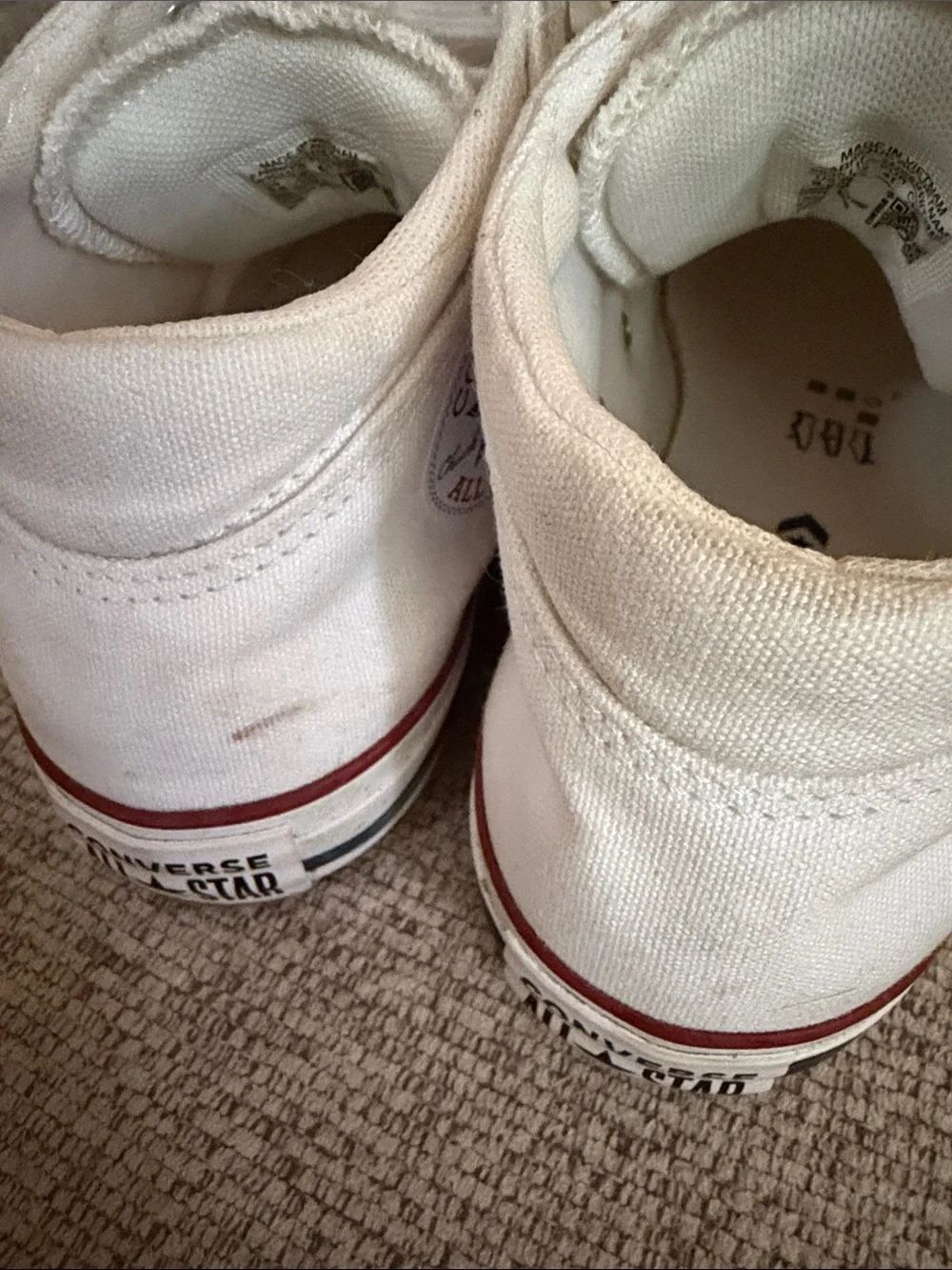 Converse White High Top Sneakers with Red Stripe